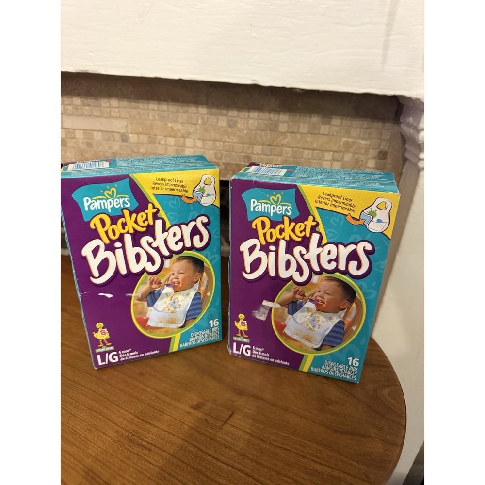 2 Boxes Bibsters Large Disposable Bibs New in Box. Pampers 16ct NOS Discontinued